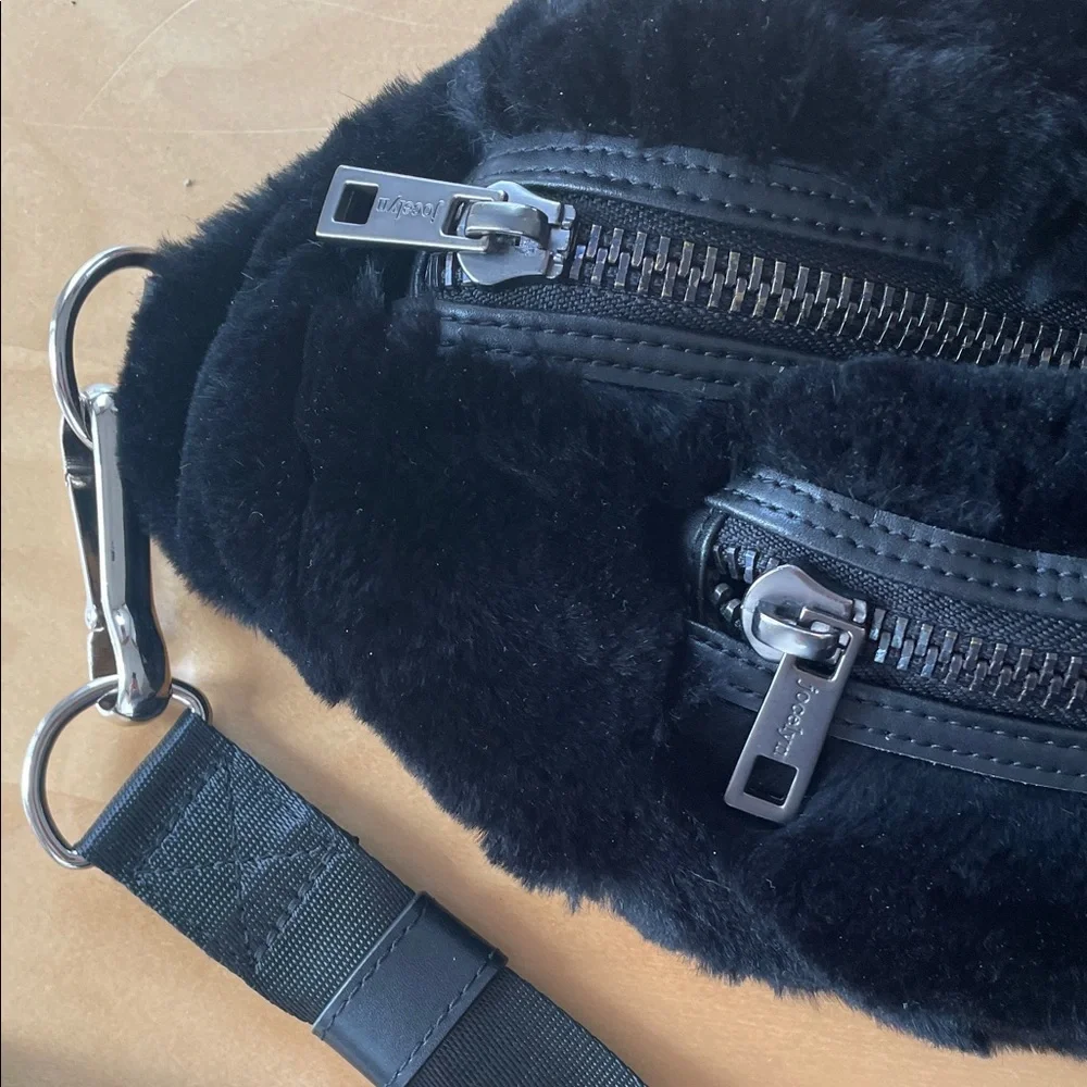 Black Real Rabbit Fur and Leather Belt Bag Crossbody JOCELYN